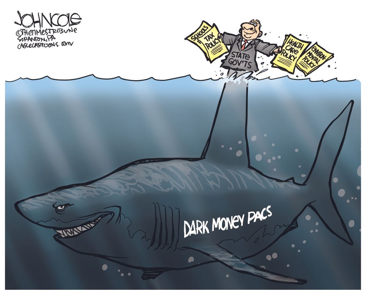 Political cartoon depicting shadowy dark money flooding into elections, overwhelming voters and politicians