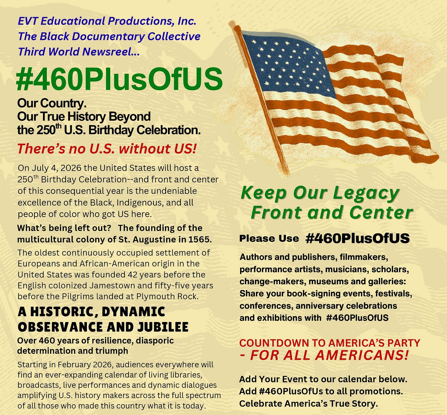 The #460PlusOfUS hashtag refers to the 460-plus years of numerous multicultural and multiracial forces in the “discovery,” founding and development what eventually became the United States of America. As the U.S. celebrates its 250th anniversary, we want to make sure that these essential 460-plus years are properly recognized. 