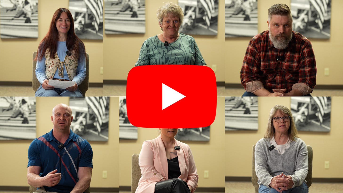 YouTube thumbnail showing 6 people each sitting in their own chair. Play button is in middle of image.