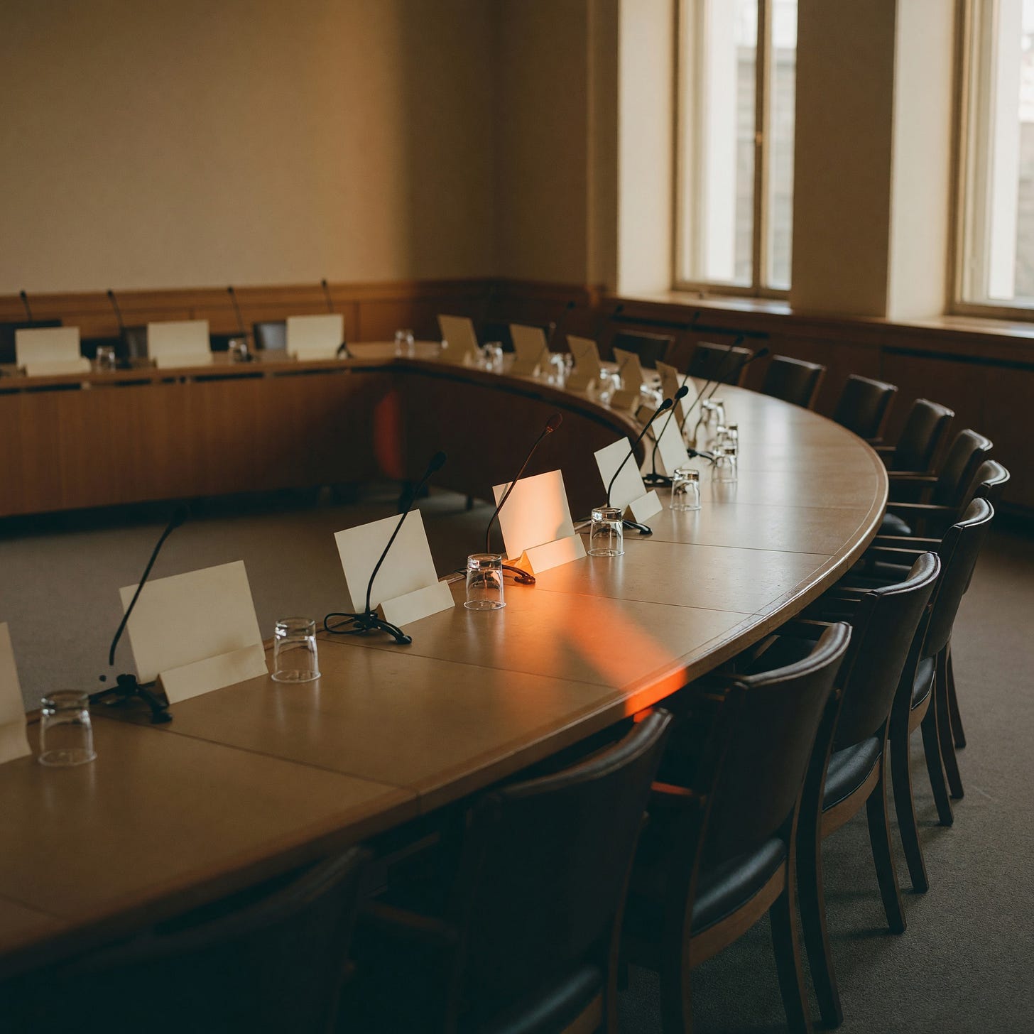 An empty federal advisory committee room in warm daylight, long table set with name placards, untouched water glasses and neatly pushed-in chairs, one placard catching an orange highlight
