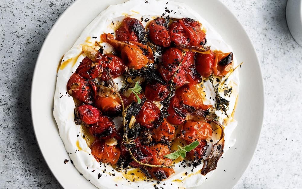 Hot Charred Cherry Tomatoes with Cold Yoghurt