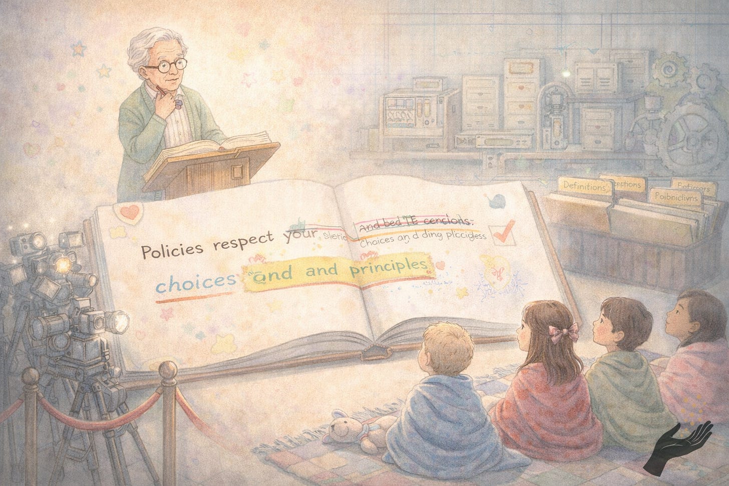 A cardiganed narrator reads from a revised oversized picture book to a calm seated audience, while microphones, cameras, and a quiet machine stand behind folders labeled Definitions, Exceptions, and Follow On Modifications. A cardiganed narrator reads from a revised oversized picture book to a calm seated audience, while microphones, cameras, and a quiet machine stand behind folders labeled Definitions, Exceptions, and Follow On Modifications.