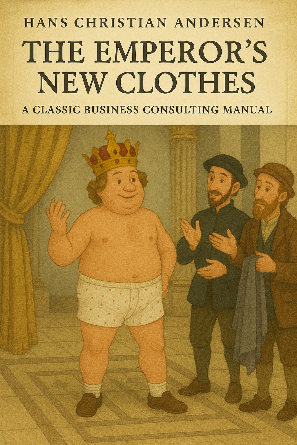 Illustrated book cover for Hans Christian Andersen’s “The Emperor’s New Clothes: A Classic Business Consulting Manual.” The emperor, wearing only a golden crown and polka-dotted underpants, smiles confidently while two tailors stand beside him gesturing proudly. The scene takes place in an ornate hall with golden curtains and stone columns.