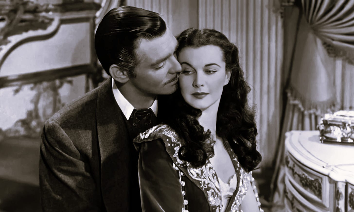 A still from the 1939 adaptation of Gone With The Wind, featuring Vivien Leigh and Clark Gable as Scarlett O'Hara and Rhett Butler