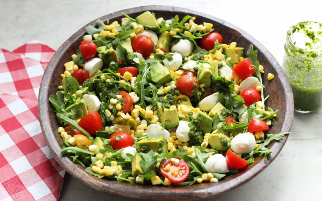 Layered Summer Salad with Avocado, Corn, Tomatoes and Basil Vinaigrette Layered Summer Salad with Avocado, Corn, Tomatoes and Basil Vinaigrette