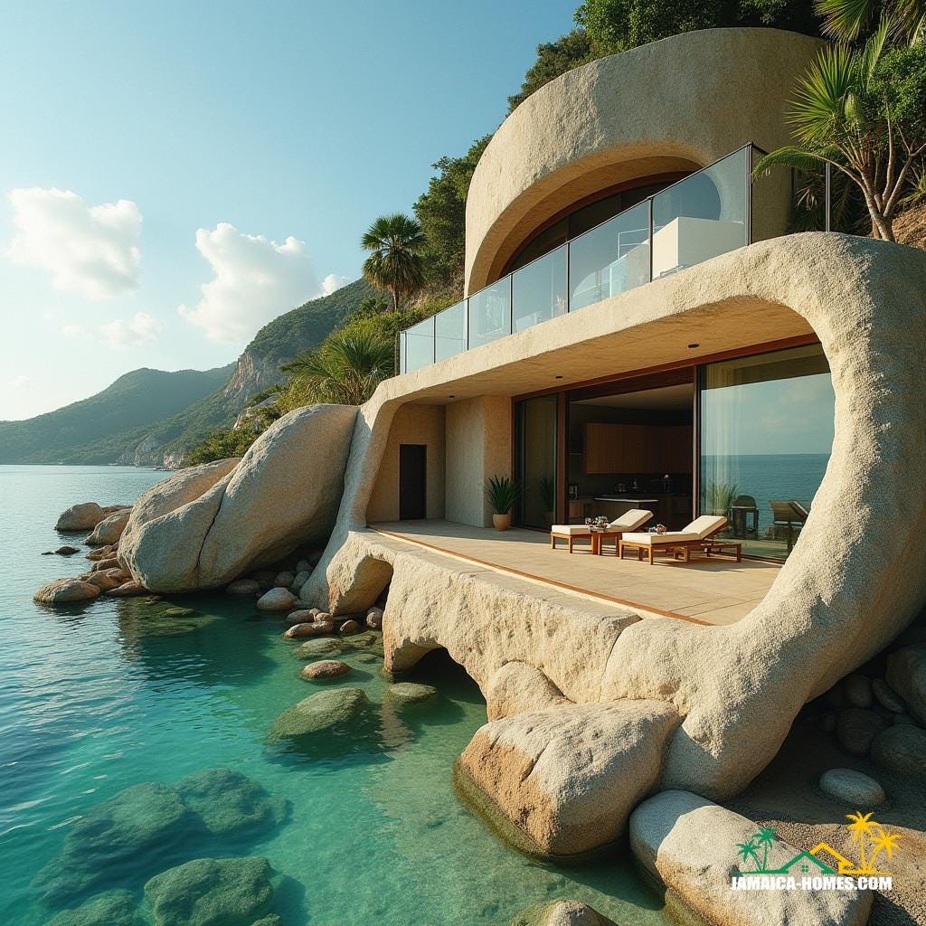 A luxurious coastal abode nestled among Jamaica's breathtaking geological formations, crafted from natural limestone, coral stone, and sand-inspired textures that evoke the island's rugged beauty. The residence boasts expansive open spaces, floor-to-ceiling windows, and sliding glass doors that seamlessly merge indoor and outdoor living areas, offering unobstructed beachfront views. Earthy tones and minimalist, organic shapes define the structure's aesthetic, as if grown from the surrounding landscape. Inspired by the works of Albert Frey, Donald Wexler, and Ricardo Bofill, with a blend of brutalist and organic modernism.