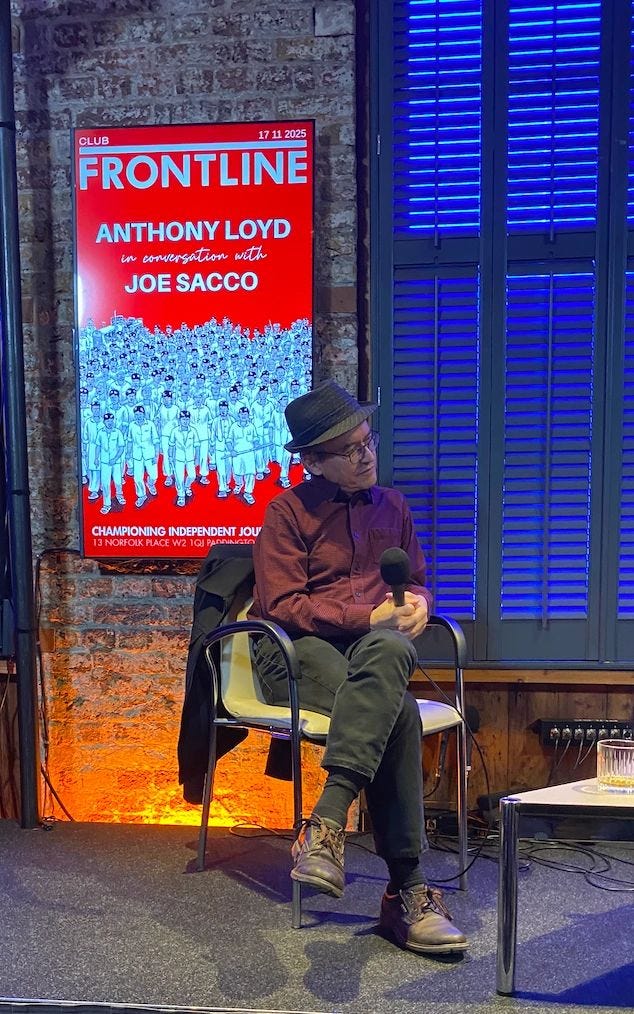 Sacco discussing a wide range of subjects, including Palestine, Bosnia, his new book, Art Spiegelman, and the First World War.