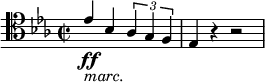 { \new PianoStaff <<
\new Staff \relative es' { \set Staff.midiInstrument = #"piano" \set Score.tempoHideNote = ##t \stemUp \tempo 2 = 55 \clef "tenor" \key es \major \time 2/2
es4 _\markup{ \italic {marc.} } \ff bes4 \times 2/3 {
as4 g4 f4
}
| % 2
es4 r4 r2 }
>> }
{ \new PianoStaff <<
\new Staff \relative es' { \set Staff.midiInstrument = #"piano" \set Score.tempoHideNote = ##t \stemUp \tempo 2 = 55 \clef "tenor" \key es \major \time 2/2
es4 _\markup{ \italic {marc.} } \ff bes4 \times 2/3 {
as4 g4 f4
}
| % 2
es4 r4 r2 }
>> }