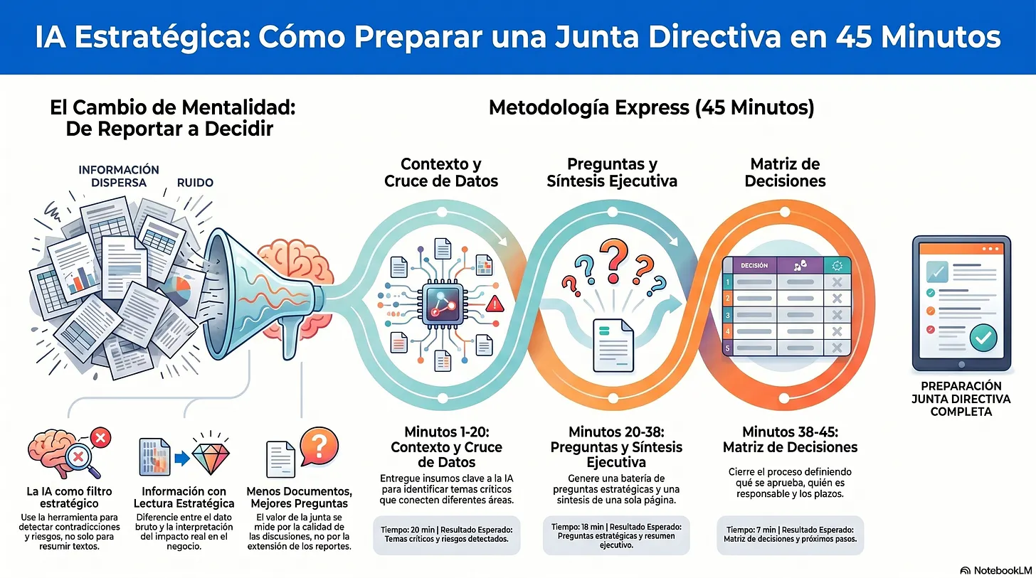 Sesión de junta directiva preparada con IA: directivos revisando síntesis ejecutiva, matriz de decisiones y batería de preguntas estratégicas