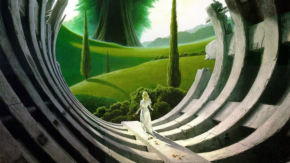 Detail from ARRIVAL. A blonde woman in white dress emerges from a tunnel of reinforced concrete to view a pastoral landscape. She has discarded a trail of roses along the raised walkway out. 