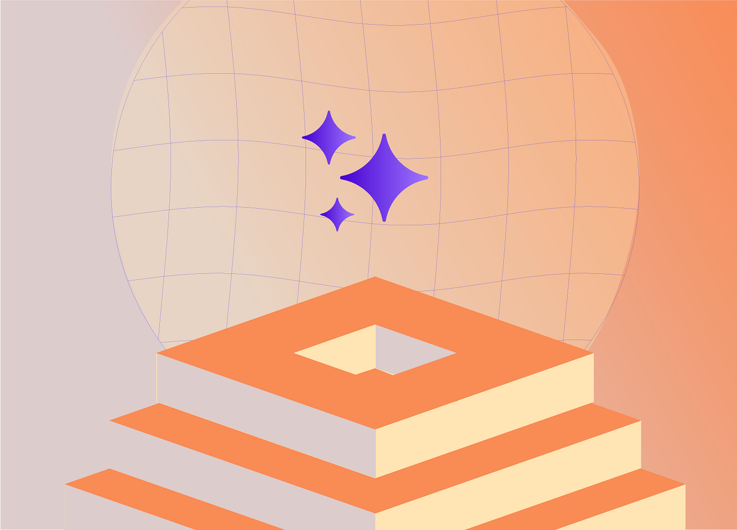 BEHOLD THE ZIGGURAT! (Abstract geometric illustration with a gridded sphere in soft peach and light purple tones, featuring three purple starlike shapes of decreasing size. In the foreground, a stepped geometric shape in orange, peach, and light yellow creates a layered, three-dimensional platform or pedestal.)