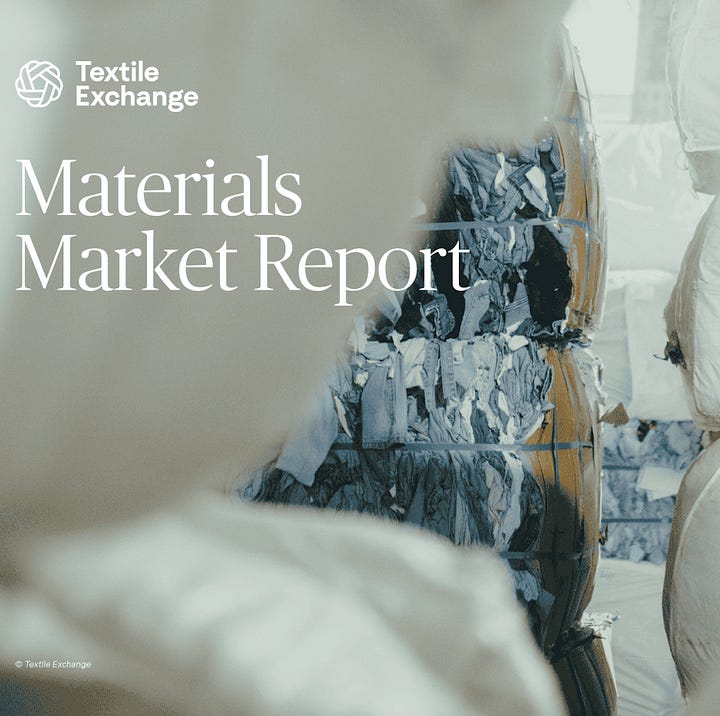 1. Graphic for Changing Market Foundation's Fashion's Plastic Paralysis 2024 report showing textiles on fire and a female dressed in a black plastic bin bag [Credit: Changing Markets Foundation]; 2. The cover of Textile Exchange's Materials Market Report 2024 showing bales of denim [Credit: Textile Exchange].