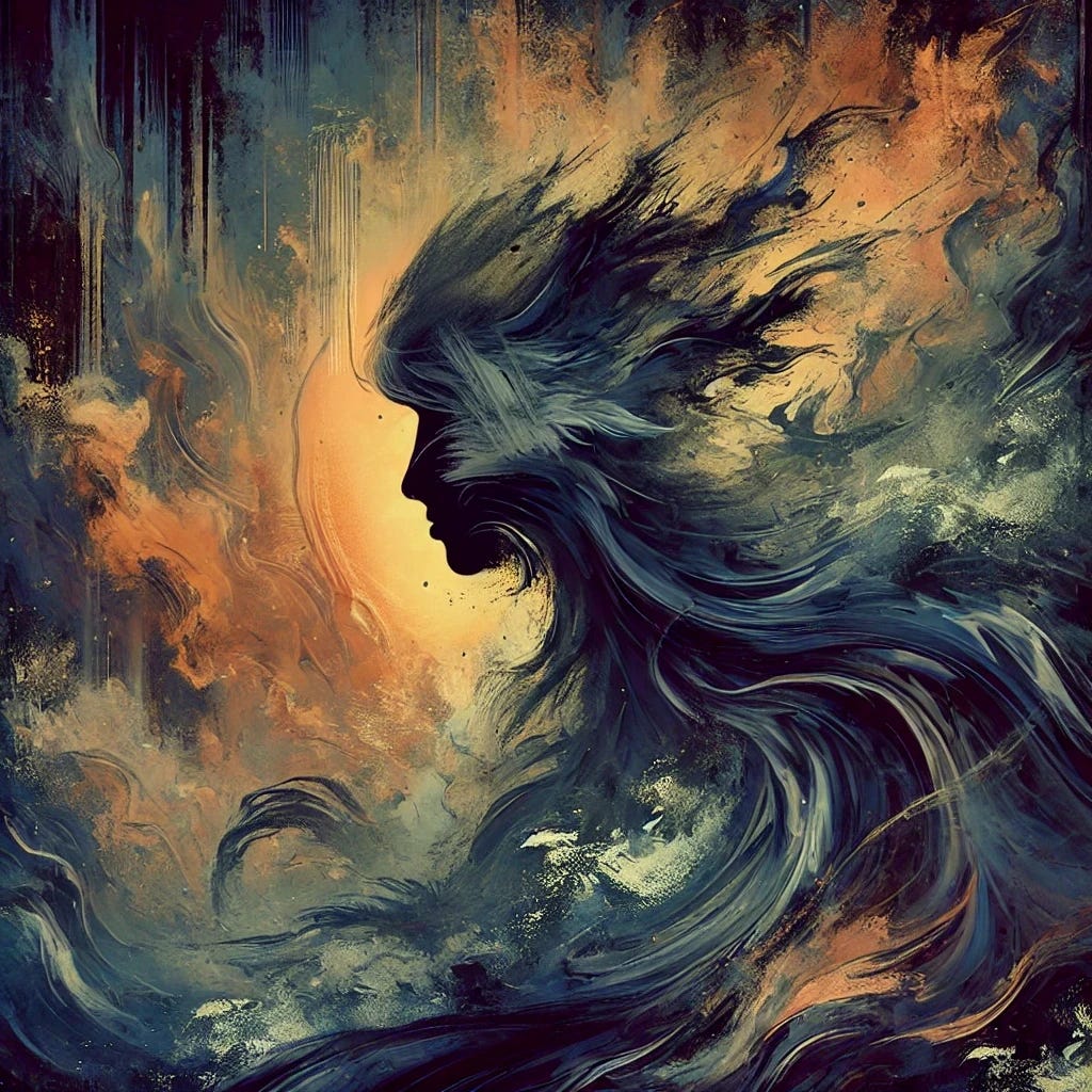 Create a modified version of an abstract cover for a blog post, themed 'It's a Wild Spirit'. The artwork should maintain the old-timey, flat design style, but depict the 'wild spirit' with a slightly more endearing appearance while retaining its mystical and shadowy qualities. The spirit's face should be somewhat abstract yet subtly cute, with a hint of whimsy. The background should remain dynamic, with darker tones that suggest turmoil and transformation, using a dark, moody color palette that balances the mysterious and slightly cute elements.