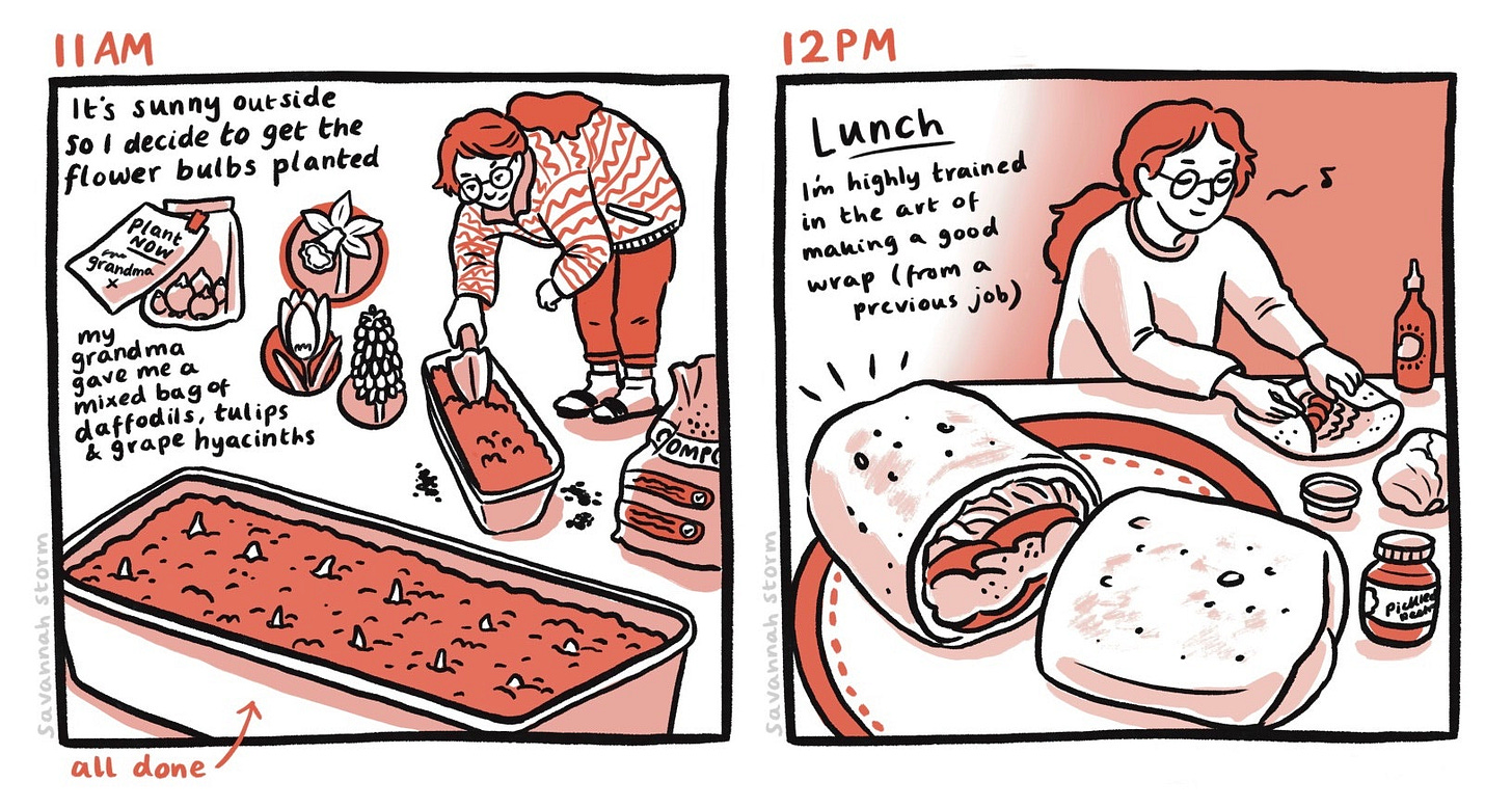 Illustrated comic panel from Hourly Comics Day 2024, at 11am I was outside gardening, planting some flower bulbs into plant pots ready for spring, and at 12pm I was making some lunch, a falafel and hummus wrap.