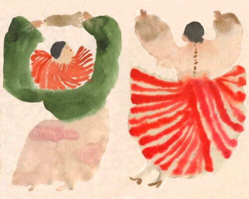 May include: Two watercolor paintings of women in red and green dresses. The woman in the green dress is holding her arms above her head. The woman in the red dress is standing with her arms raised above her head. Both women are wearing white skirts.