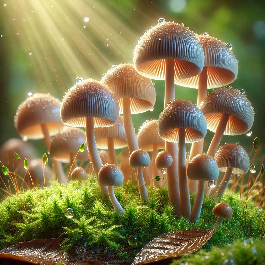 A close-up view of psilocybin mushrooms in their natural forest setting. The mushrooms have delicate, tan-colored caps with darker brown centers and thin, white stems, surrounded by moist earth, moss, and fallen leaves. Sunlight filters through the canopy above, creating soft highlights and shadows on the mushrooms and surrounding foliage. Dewdrops glisten on the moss, adding a fresh, vibrant feel to the scene. The image emphasizes intricate textures and natural beauty, capturing the mushrooms in vivid detail. Created using: photorealistic detailing, macro perspective, soft natural lighting, vibrant earthy tones, intricate textures, realistic depth of field, atmospheric clarity, and high-definition quality --ar 4:3.