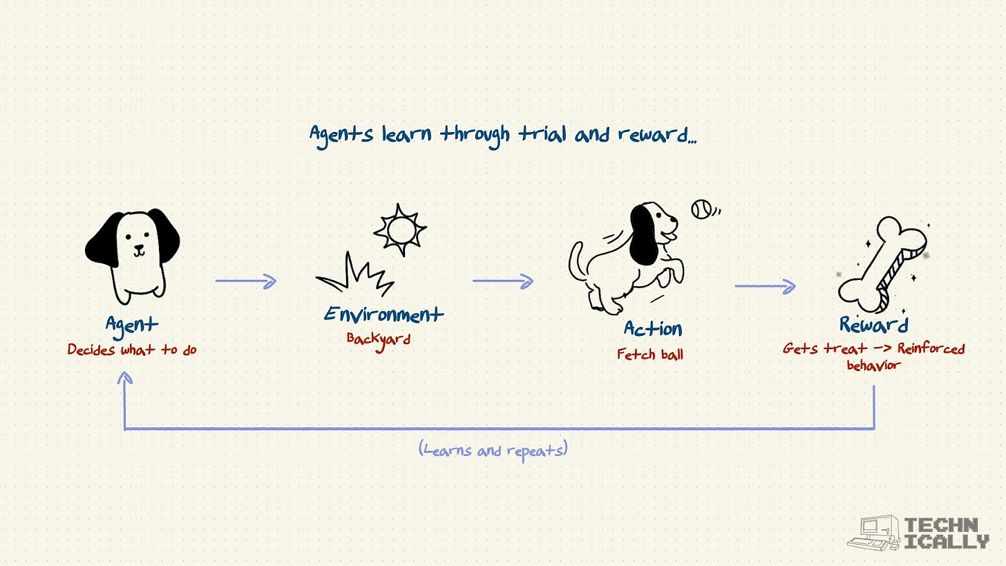 Reinforcement learning loop showing a dog fetching a ball for a reward.
