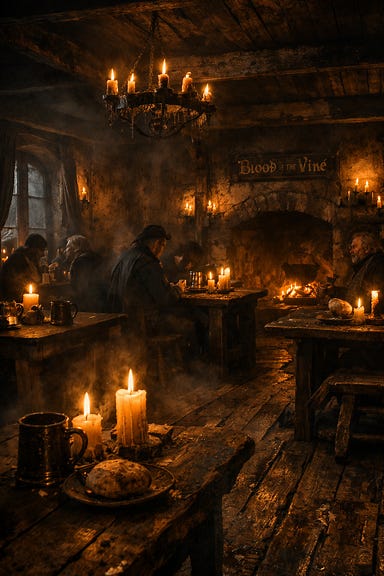 Interior of the Blood of the Vine Tavern, dim candlelight, warped floorboards, smoke-stained walls, low hearth fire, rustic tables, villagers in shadow, Barovian Gothic atmosphere