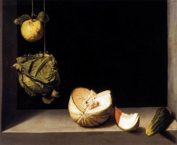 Juan Sanchez Cortan - Still Life With Quince, Cabbage, Melon, and Cucumber, 1602-1603, via pinterest com Juan Sanchez Cortan - Still Life With Quince, Cabbage, Melon, and Cucumber, 1602-1603, via pinterest com
