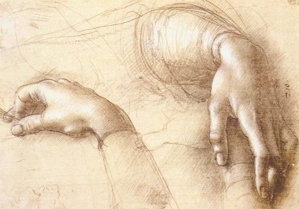Two sketches of hands, created by Leonardo da Vinci