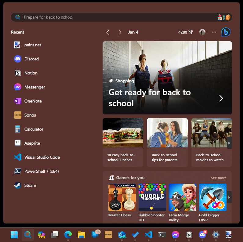 Start menu, showing annoying ads and such