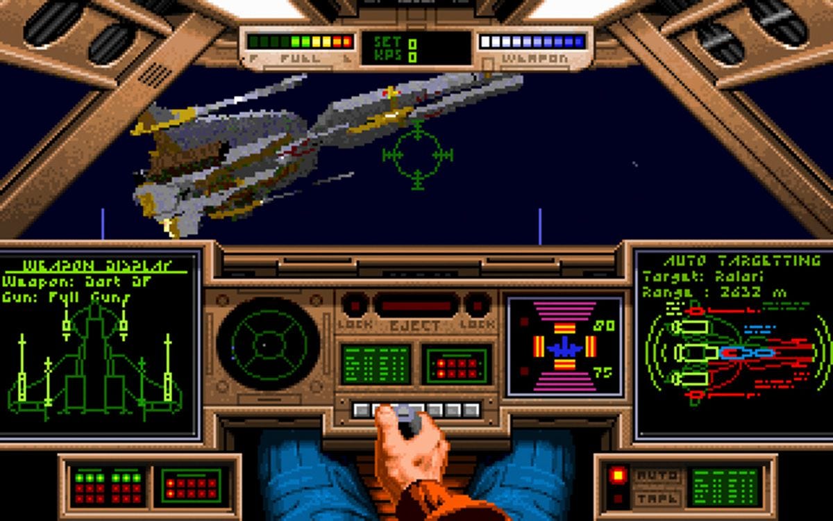 Cockpit view of space combat from the 1990 game Wing Commander. Pilot's hand and legs are visibly steering the spacecraft, and he's surrounded by the UI about the status of his ship. We see an aiming reticule and an enemy craft outside of his spacecraft. Cockpit view of space combat from the 1990 game Wing Commander. Pilot's hand and legs are visibly steering the spacecraft, and he's surrounded by the UI about the status of his ship. We see an aiming reticule and an enemy craft outside of his spacecraft.