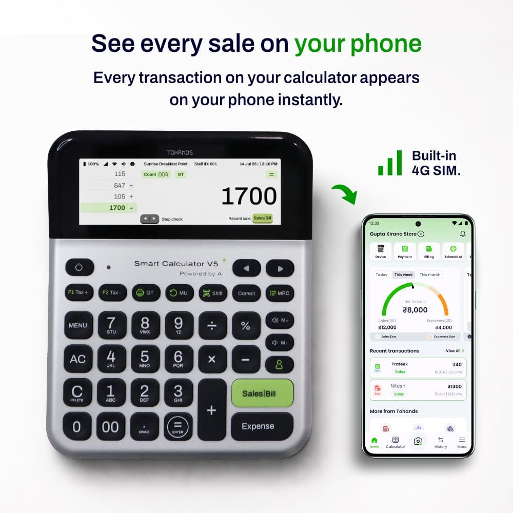 Tohands Smart Billing Calculator V5 with 2 Inch Thermal Printer and Barcode Scanner, GST Billing, UPI QR, Whatsapp Bills, Barcode Scanning, App Sync : Amazon.in: Office Products Tohands Smart Billing Calculator V5 with 2 Inch Thermal Printer and Barcode Scanner, GST Billing, UPI QR, Whatsapp Bills, Barcode Scanning, App Sync : Amazon.in: Office Products