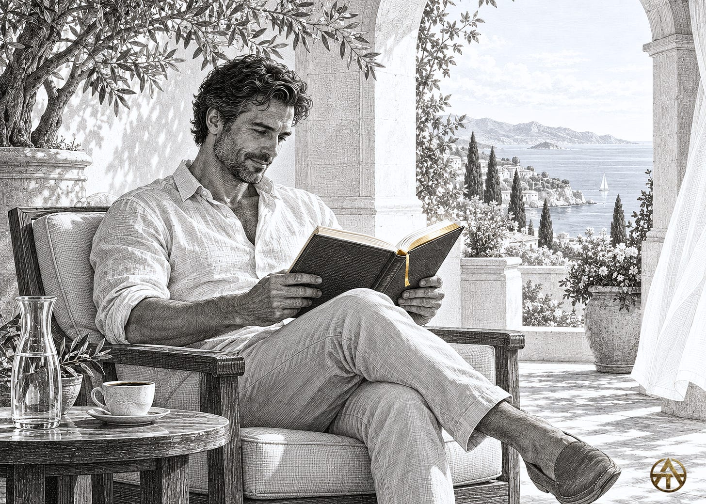 A man reads on a sunlit terrace overlooking the sea, with a gold bookmark and gilded page edges accenting the otherwise black-and-white illustration.
