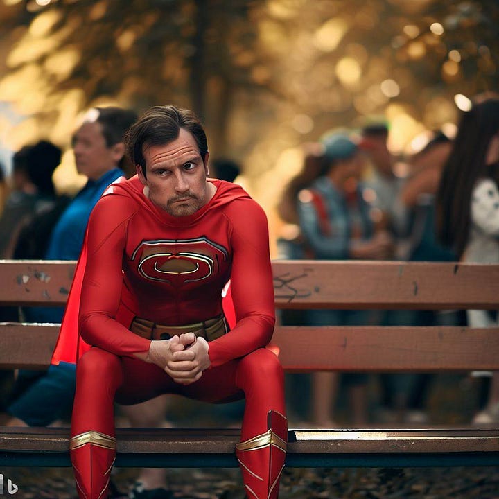 Bu görseller için yazdığım metin: "A sad superhero, sitting on a wooden bench in a crowded park." (Bank ile kalça ve ayakların ilişkisi biraz zorlayıcı olmuş belli ki.)
