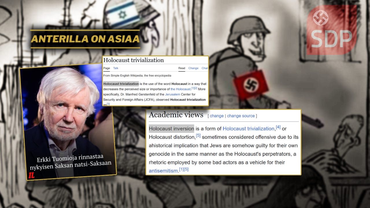 Vertaukset eivät ole pelkästään moraalittomia vaan täyttävät kansainvälisen IHRA:n (International Holocaust Remembrance Alliance) antisemitismin työmäärityksen. Kyseessä on erityisesti esimerkki, jossa nykyisen Israelin politiikka rinnastetaan natsien toteuttamaan kansanmurhaan, mikä on yksi yleisesti tunnustetuista antisemitistisen puheen muodoista. Vertaukset eivät ole pelkästään moraalittomia vaan täyttävät kansainvälisen IHRA:n (International Holocaust Remembrance Alliance) antisemitismin työmäärityksen. Kyseessä on erityisesti esimerkki, jossa nykyisen Israelin politiikka rinnastetaan natsien toteuttamaan kansanmurhaan, mikä on yksi yleisesti tunnustetuista antisemitistisen puheen muodoista.