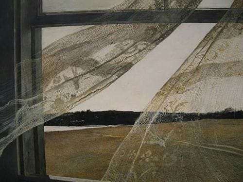This may contain: an abstract painting with sheer curtains in front of a window that has grass and trees on it