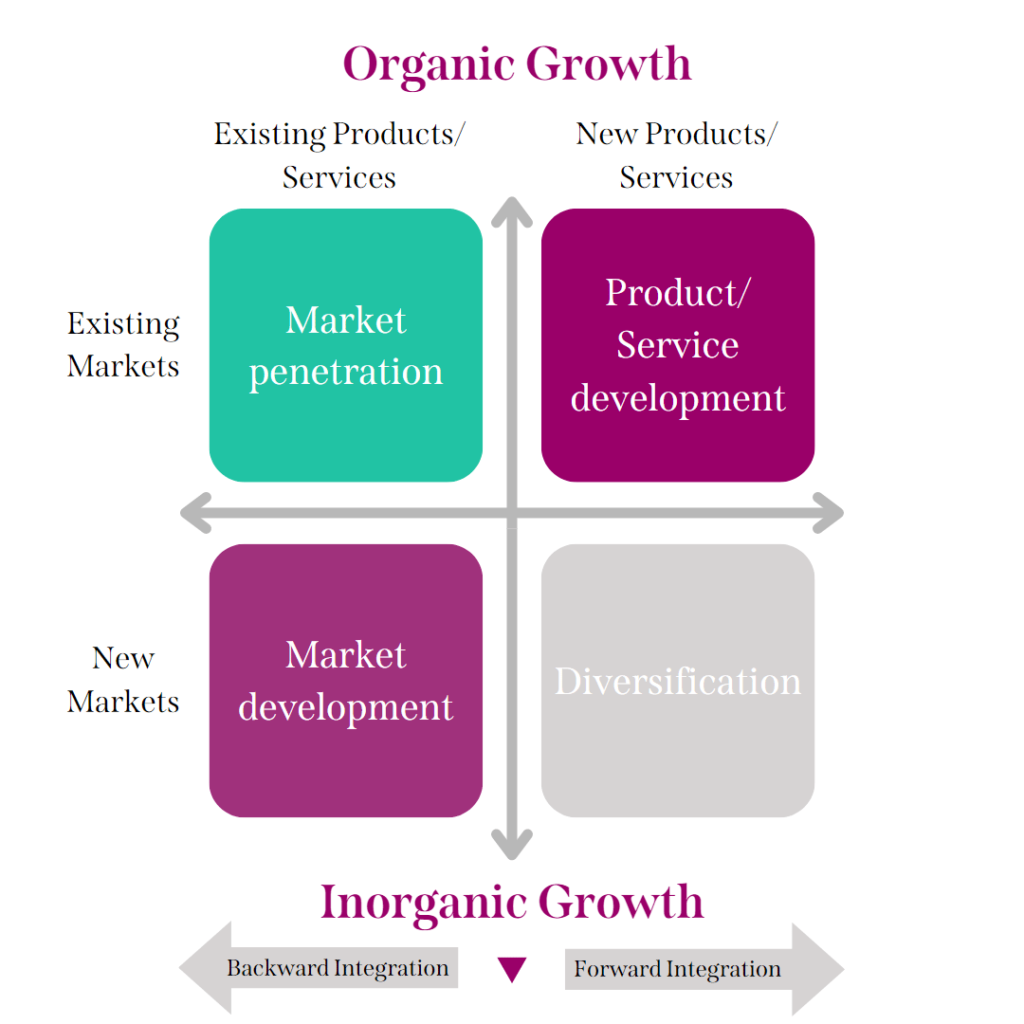 A 2x2 matrix showing organic growth strategies (market penetration, product development, market development) and inorganic strategies such as integration and diversification. A 2x2 matrix showing organic growth strategies (market penetration, product development, market development) and inorganic strategies such as integration and diversification.