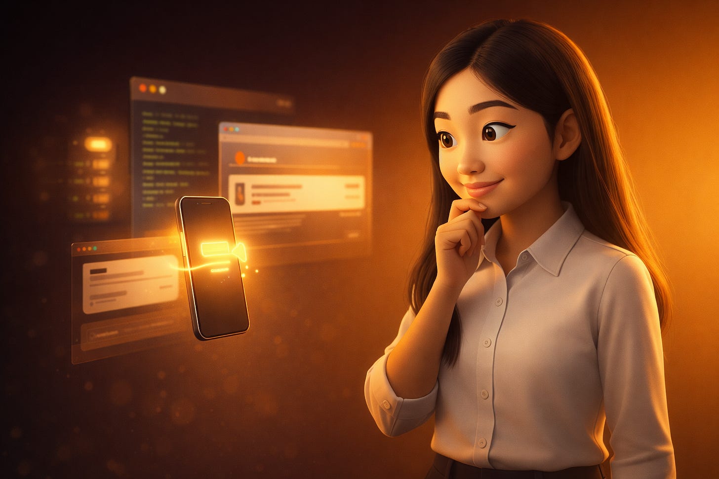 Pixar-style 3D illustration of Jenny Ouyang from Build to Launch standing on the right side of the scene, hand near chin in a curious and evaluative pose, studying a layered stack of floating interface panels to her left — a glowing smartphone sending a task, a Mac Cowork panel receiving it, a dark terminal with code, a browser panel, and a distant server node — representing Claude’s five remote automation modes working as a connected system. Build to Launch by Jenny Ouyang