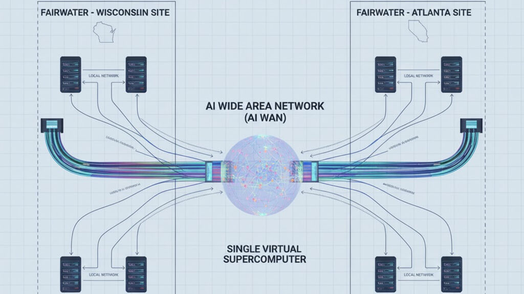 Diagram showing multiple Microsoft Fairwater AI data centers connected into a single virtual supercomputer via AI WAN. Diagram showing multiple Microsoft Fairwater AI data centers connected into a single virtual supercomputer via AI WAN.