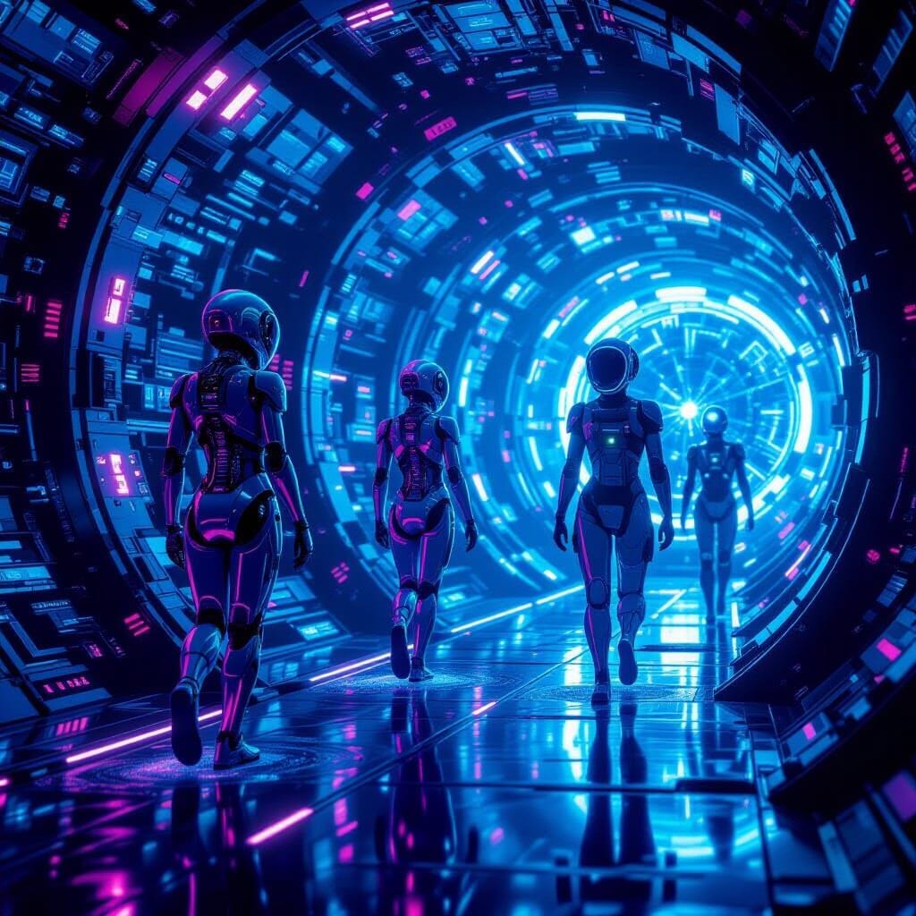 A team of AI agents, their bodies composed of liquid mercury, are  within the core of a quantum computer. The scene is i...