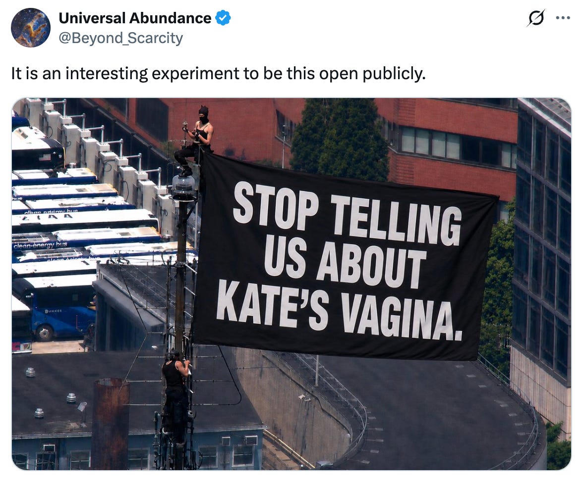 Tweet from Universal Abundance that says, "It is an interesting experiment to be this open publicly" and features a photoshopped image of those two people that climbed the Empire State Building with their flag saying "Stop telling us about Kate's Vagina"