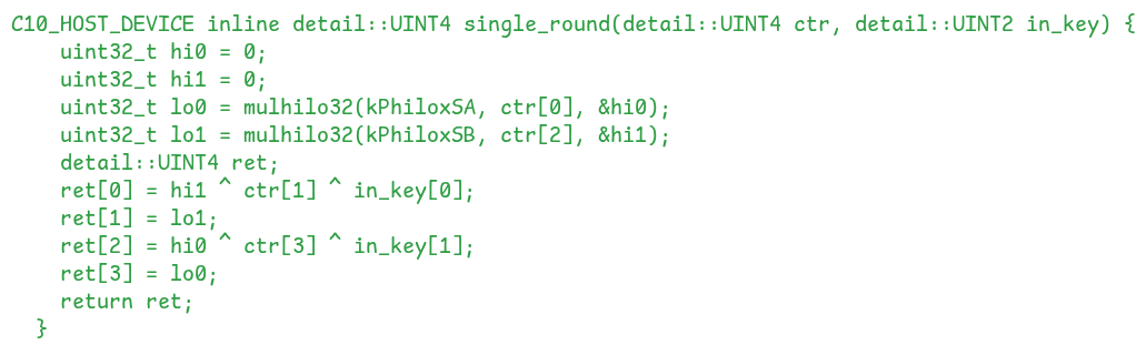 The single_round function that implements one round of Philox The single_round function that implements one round of Philox