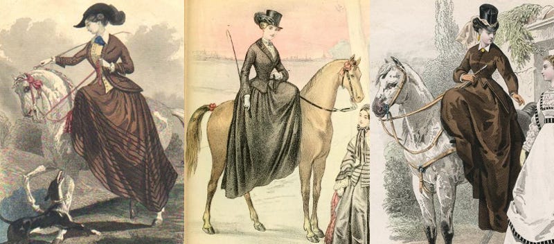 On the left, a lady on a country ride, 1840s. In the centre, a lady riding off side, 1853. To the right, a fashion plate from 1867