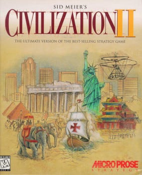 The box art of Civilization II. The title text reads: "Sid Meier's Civilization II. The ultimate version of the best-selling strategy game." The box art of Civilization II. The title text reads: "Sid Meier's Civilization II. The ultimate version of the best-selling strategy game."