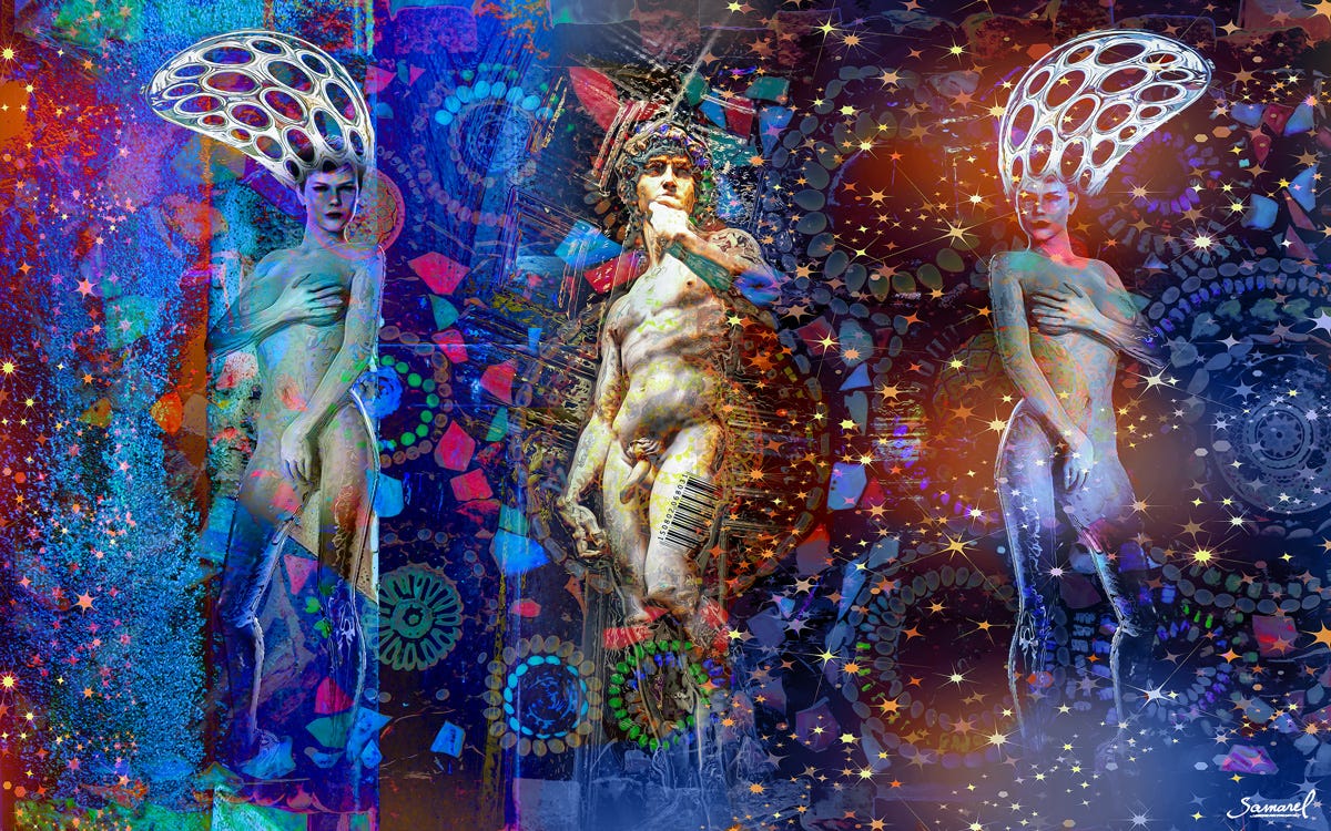 Digital erotic art showing famous David standing naked with two nude females in a dreamy collage