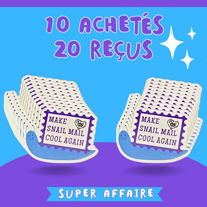 Visuels en français et anglais pour ces deux promotions, avec des photos des autocollants. Charte graphique de ma marque.