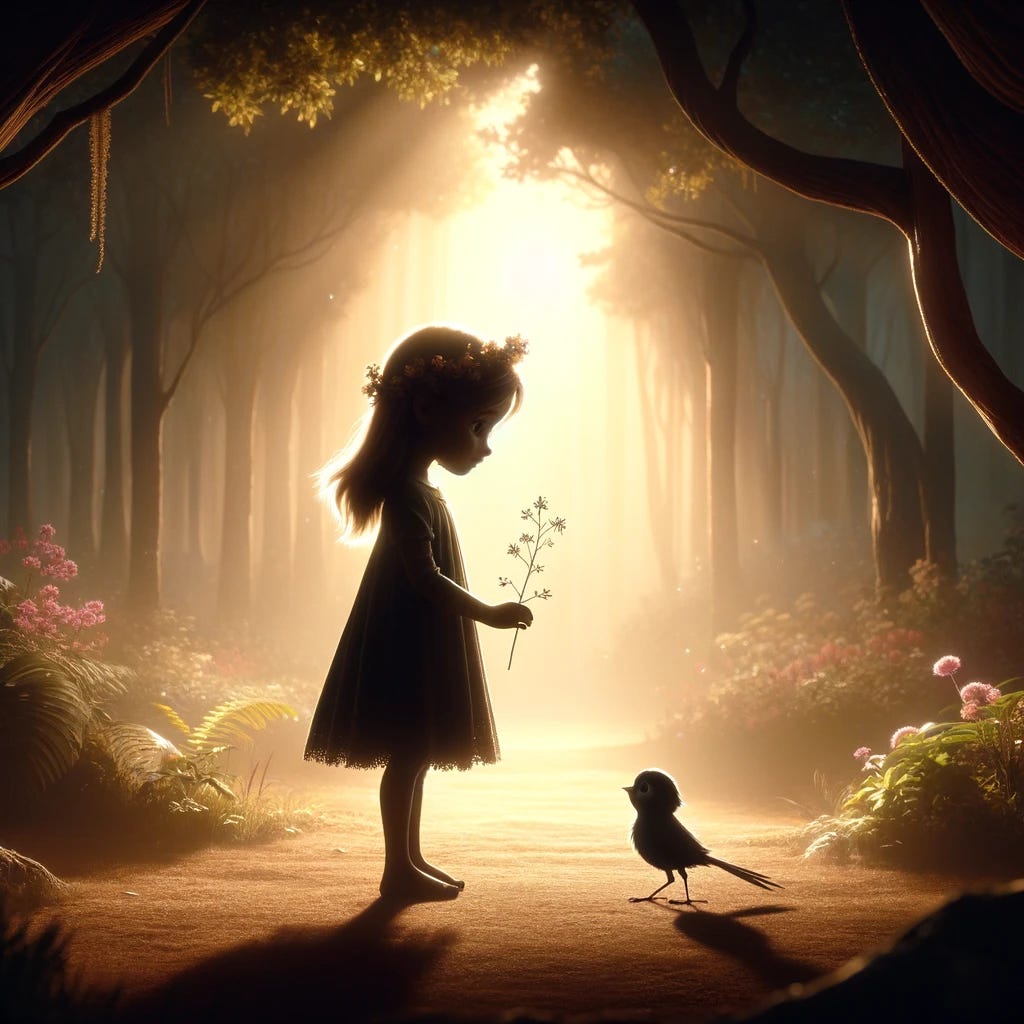 A silhouette of a six-year-old girl, Elara, in a magical forest setting, pausing with a flower crown in her hand. The scene captures the moment a small, plain bird presents her with a simple twig. Elara is depicted in silhouette, standing in a sunlit forest clearing, symbolizing her complex nature and inner darkness. The silhouette shows her with delicate, ethereal features and hair like soft moonlight, wearing a simple, forest-inspired dress, as described in her character sketch. The bird, also in silhouette, is in front of her, offering the twig with earnestness. The background is a magical forest, lush and alive, with sunlight filtering through the leaves, creating a warm, enchanting atmosphere. This scene aims to evoke empathy and understanding, highlighting the moment of Elara's growth and the contrast between her emerging grandiosity and the simplicity of the bird's offering.