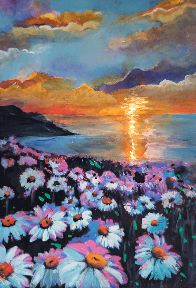 Sunset and the daisies. Can't find a good name for this one. : r/painting