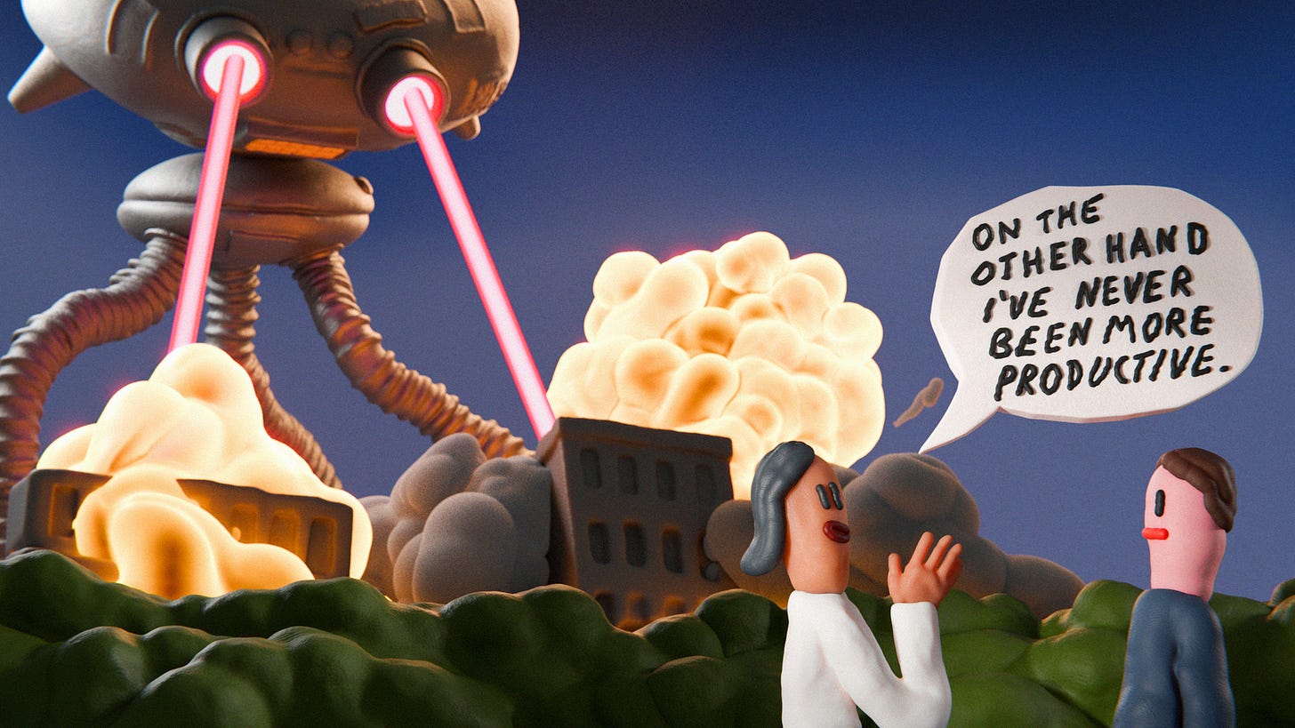 illustration with 2 claymation-style figures in foreground, one saying 'On the other hand I've never been more productive,' with enormous 3-legged robot destroying city behind them with its laser eyes illustration with 2 claymation-style figures in foreground, one saying 'On the other hand I've never been more productive,' with enormous 3-legged robot destroying city behind them with its laser eyes