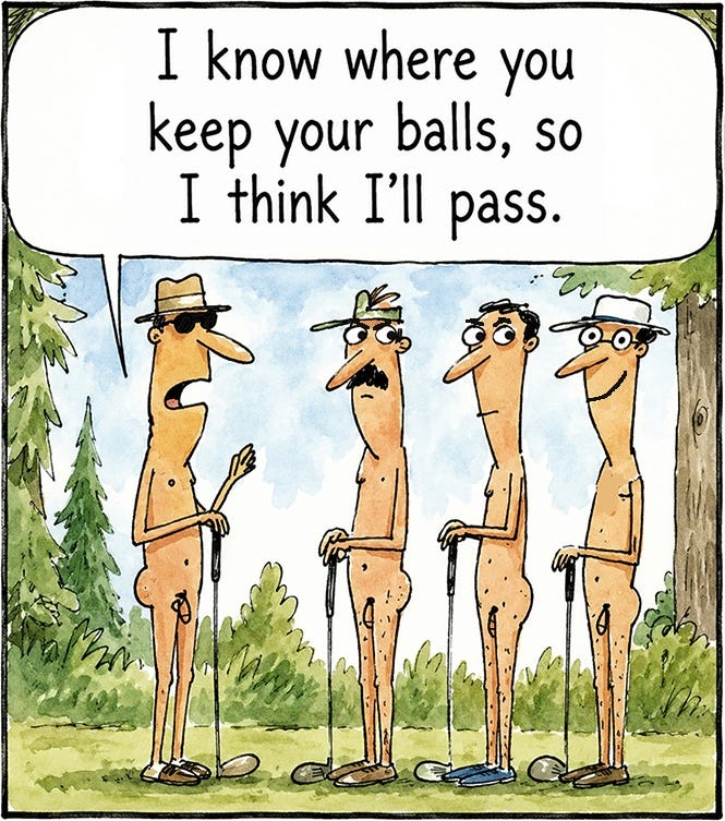Panel 3: The first golfer replies, “I know where you keep your balls, so I think I’ll pass.” Panel 3: The first golfer replies, “I know where you keep your balls, so I think I’ll pass.”