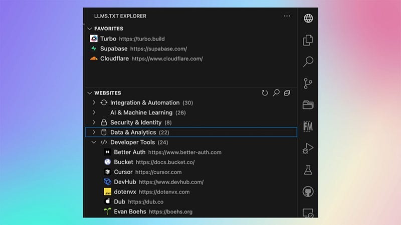 LLMS.TXT Explorer VSCode extension showing favorites and categorized websites supporting the llms.txt standard