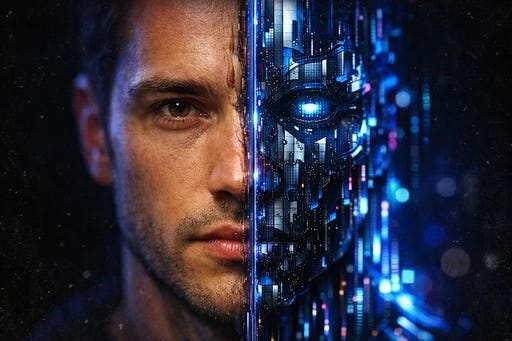 A mirror reflecting both a human face and digital patterns that merge together, suggesting the blurred boundary between human and artificial consciousness A mirror reflecting both a human face and digital patterns that merge together, suggesting the blurred boundary between human and artificial consciousness