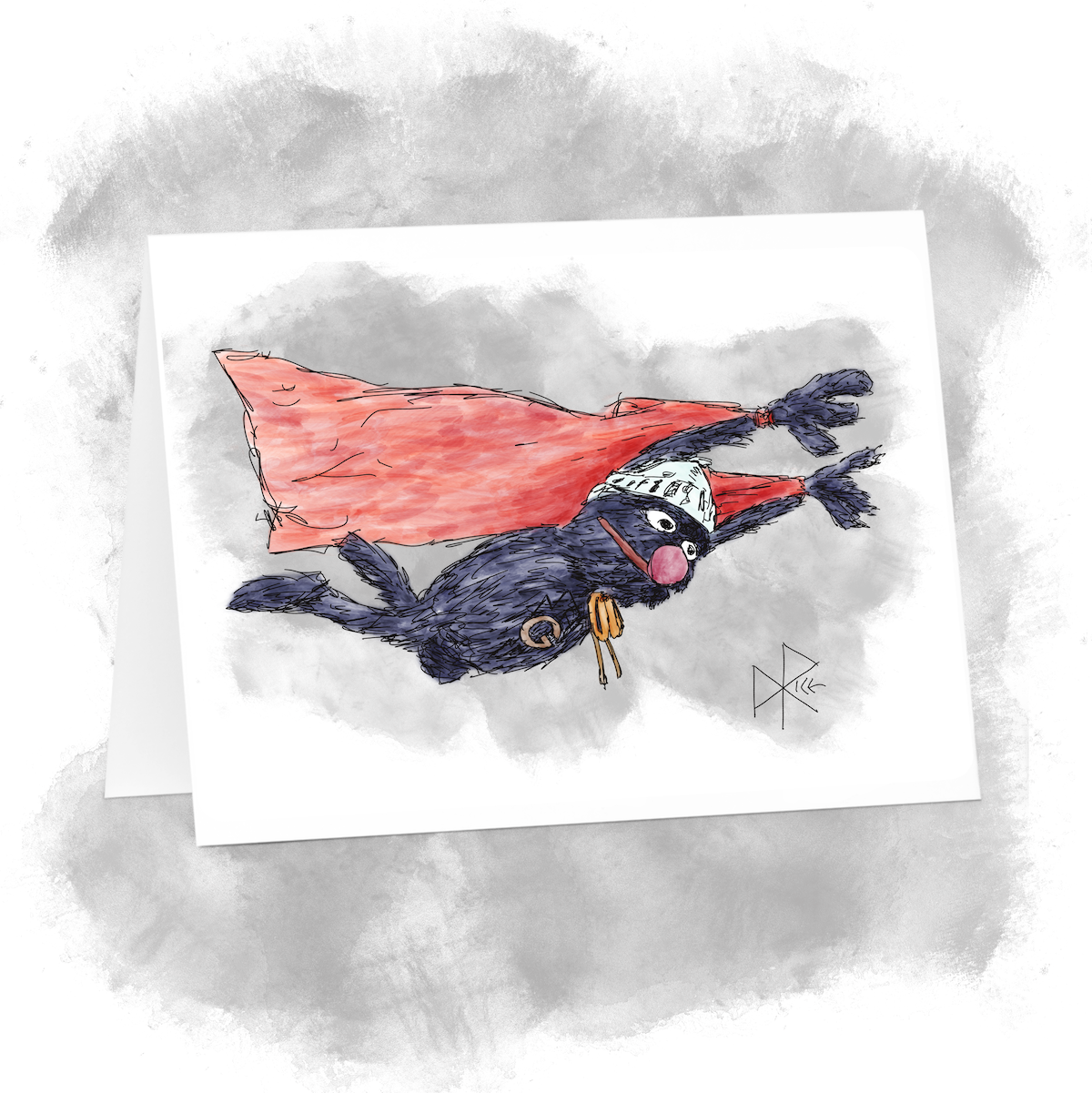 Grover from Sesame Street, as Super Grover, happily flying through the air with his cape flapping in the wind. Sketch art by Don Rice. Grover from Sesame Street, as Super Grover, happily flying through the air with his cape flapping in the wind. Sketch art by Don Rice.
