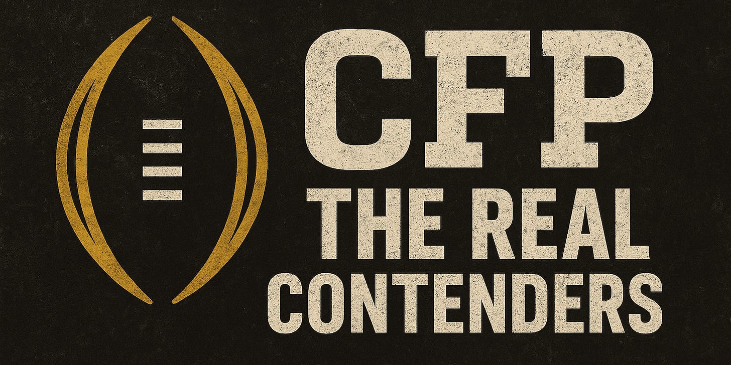 College Football Playoff logo with distressed gold and white text reading “CFP The Real Contenders” on a black textured background. Deals on seats, fan gear and premium College Football Playoff coverage at www.NattyRoad.com