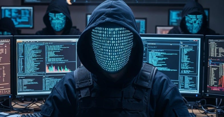 A photograph of a cyberwarfare scene with a person at a desk, obscured by binary code, in a dimly lit room. A photograph of a cyberwarfare scene with a person at a desk, obscured by binary code, in a dimly lit room.